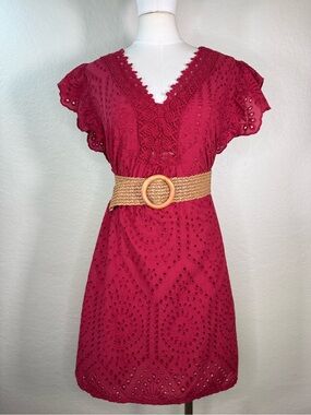 M Made in Italy Eyelet Embroidered Ruffle Cap Sleeve Shift Dress Size Large EUC